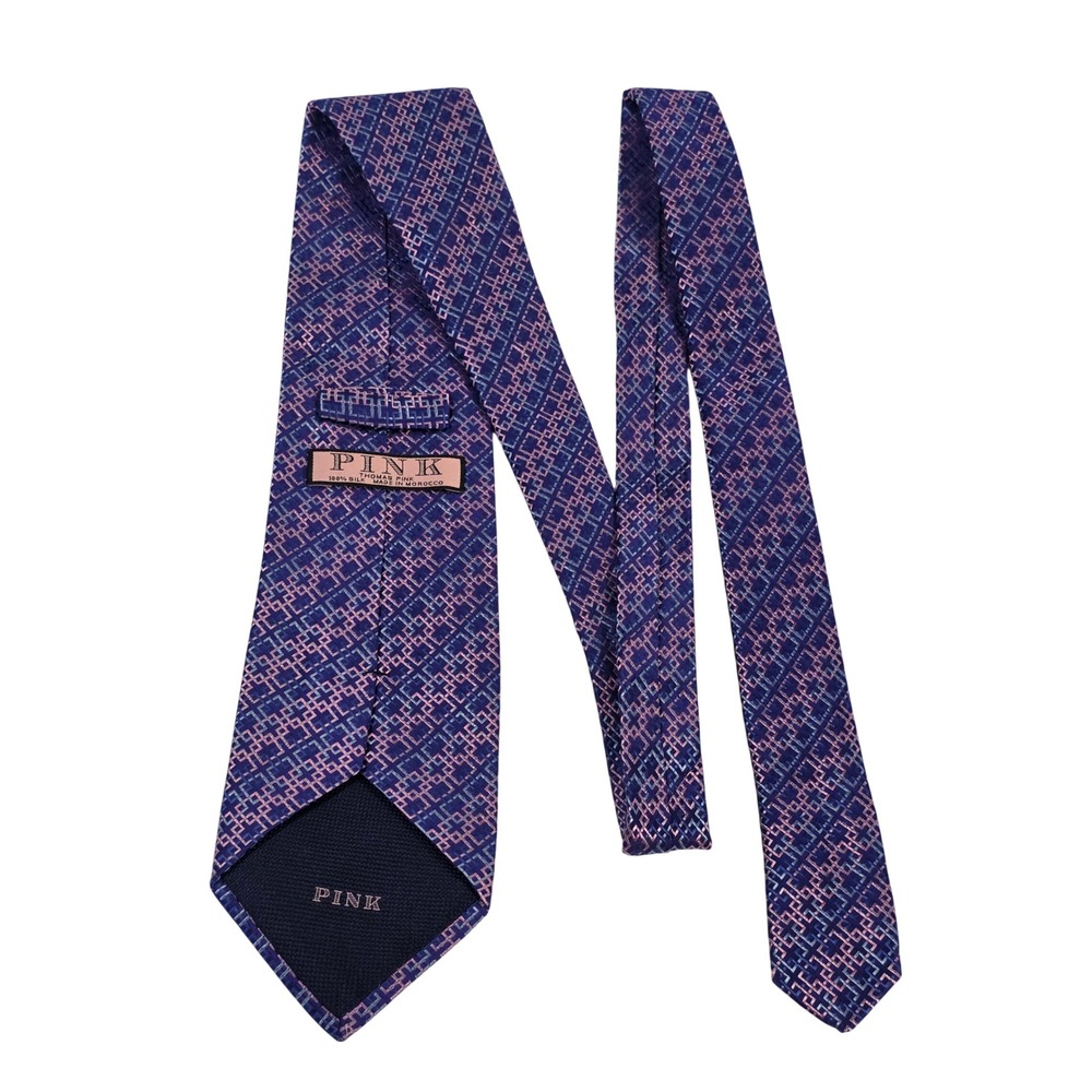 Thomas Pink Mens Purple Pink Geometric 100% Silk Necktie Made in Morocco 59x3.5